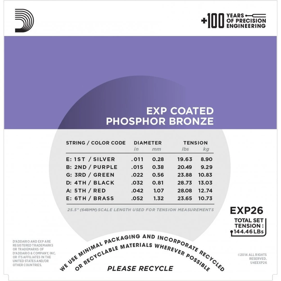 Струны для акустической гитары D’Addario EXP26-3D Coated Phosphor Bronze 11-52
