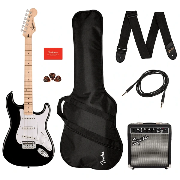 Гитарный набор Fender Squier Sonic Strat MN WPG BLK + Комбоусилитель и аксессуары