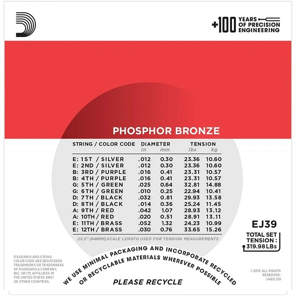 Струны для 12-ти струнной акустической гитары D’addario EJ39 12-52